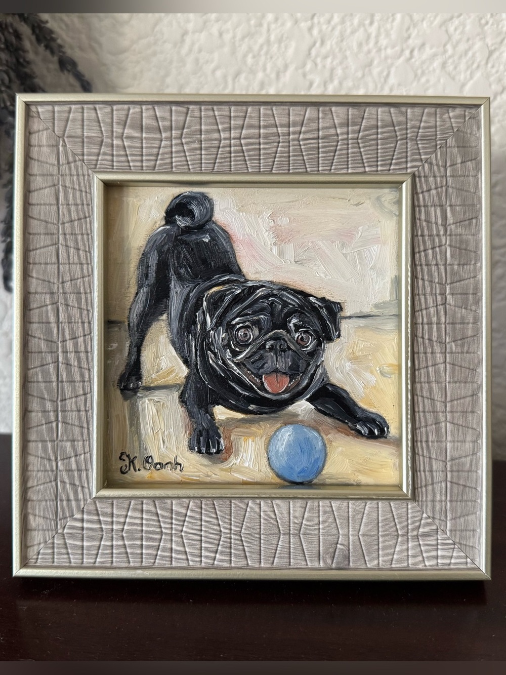 Original oil painting pug dog playing with a ball signed framed 4x4 inches